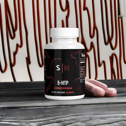 5-htp sport supplement bottle on a wooden table